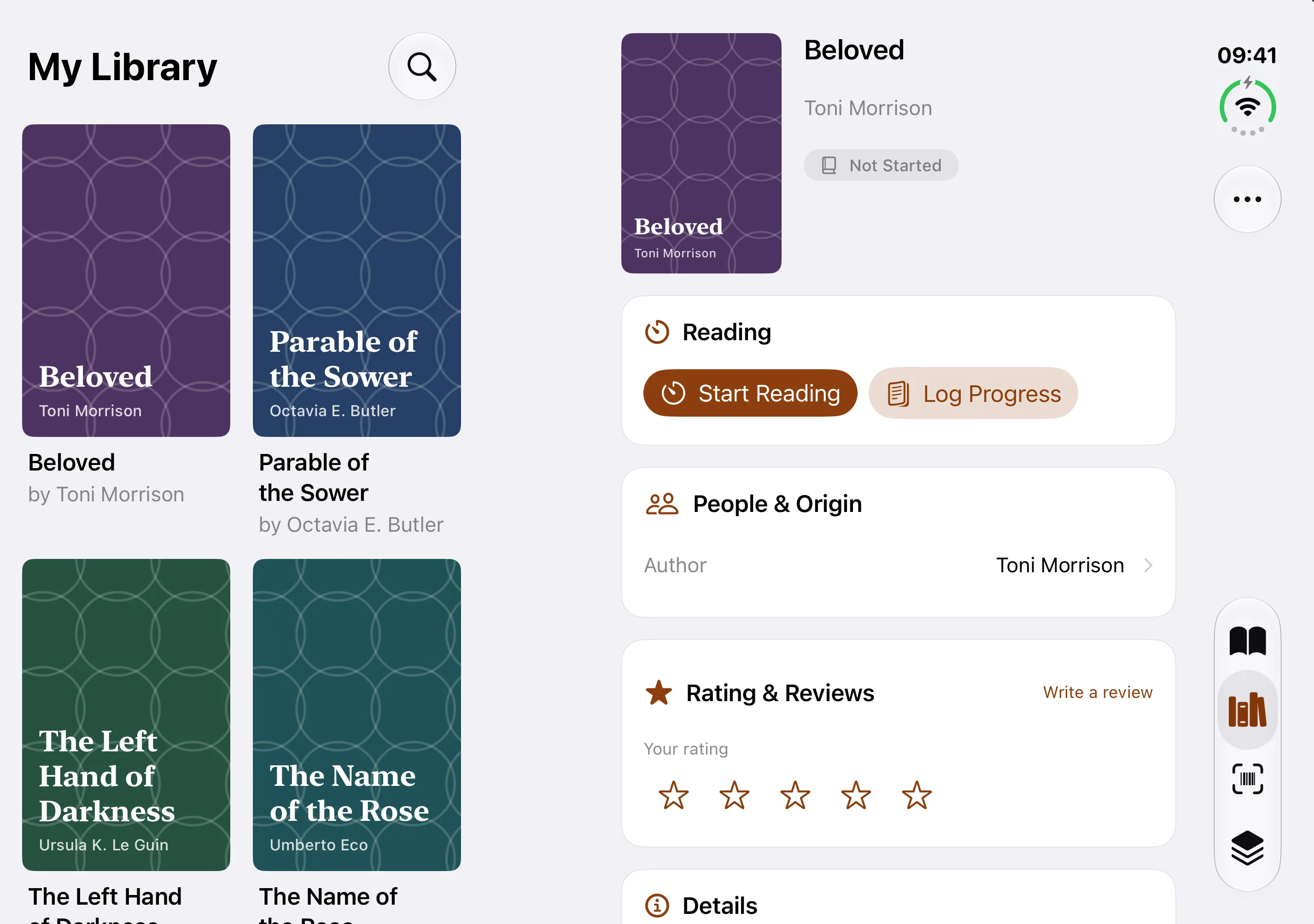 BookWorm My Library and book details side by side on iPhone Duo