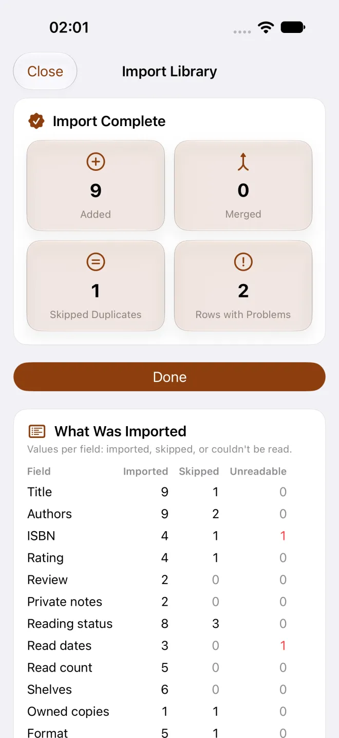 BookWorm import report showing imported, skipped and failed rows