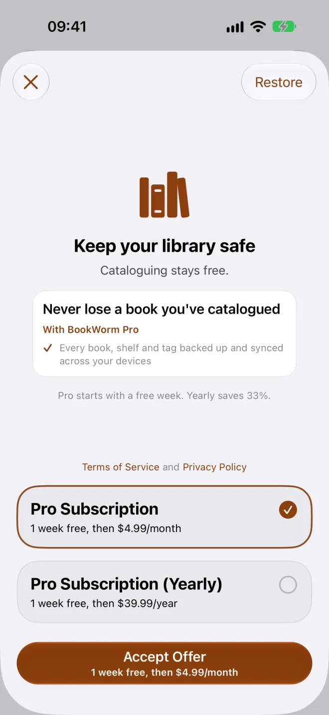 BookWorm paywall showing Pro and Max plans